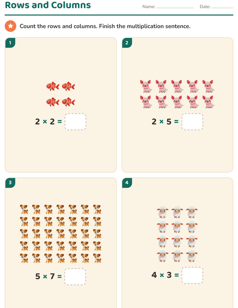 Preview of Arrays and Multiplication worksheet featuring Animals for grade 2