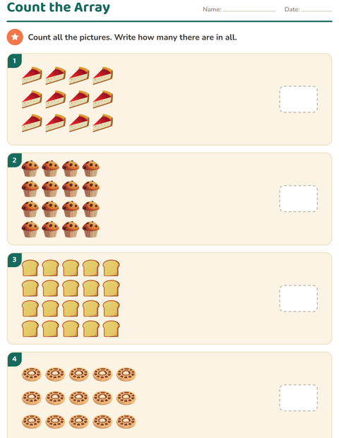Preview of Arrays and Multiplication worksheet featuring Bakery for kindergarten