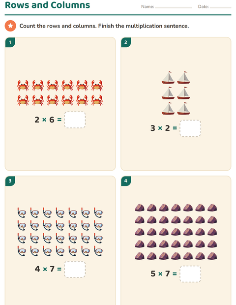 Preview of Arrays and Multiplication worksheet featuring Beach for grade 2