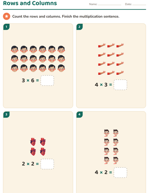 Preview of Arrays and Multiplication worksheet featuring Body Parts for grade 2