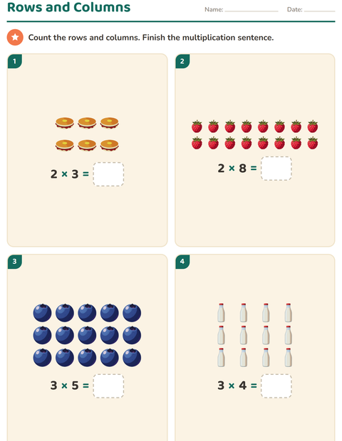 Preview of Arrays and Multiplication worksheet featuring Breakfast for grade 2
