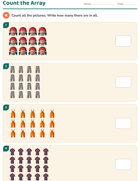 Preview of Arrays and Multiplication worksheet featuring Clothing for kindergarten