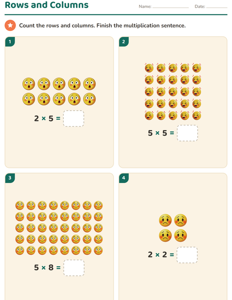 Preview of Arrays and Multiplication worksheet featuring Emotions for grade 2