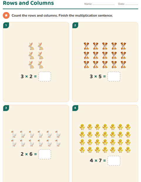 Preview of Arrays and Multiplication worksheet featuring Farm Animals for grade 2