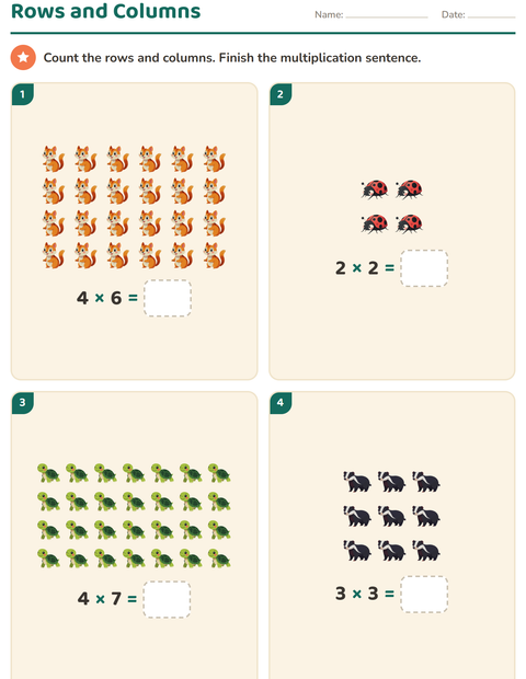Preview of Arrays and Multiplication worksheet featuring Forest Creatures for grade 2