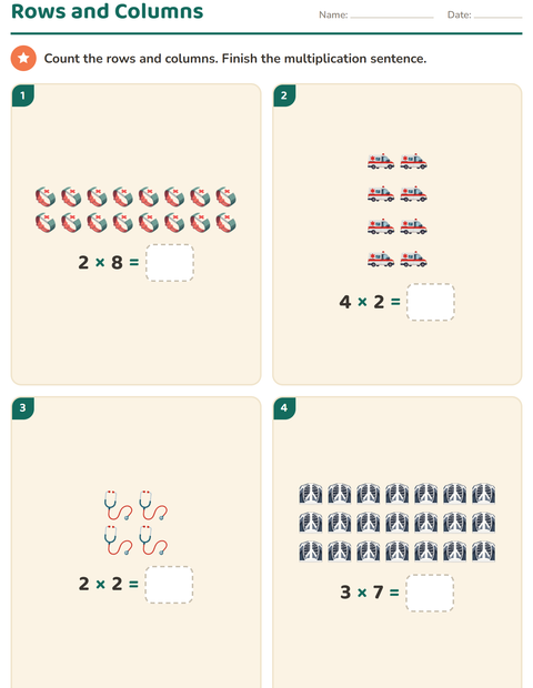 Preview of Arrays and Multiplication worksheet featuring Hospital for grade 2