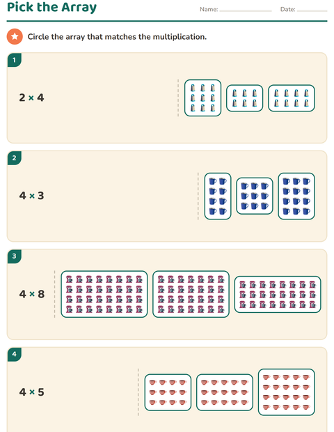 Preview of Arrays and Multiplication worksheet featuring Kitchen Tools for grade 2
