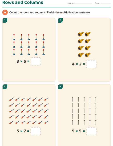 Preview of Arrays and Multiplication worksheet featuring Tools for grade 2