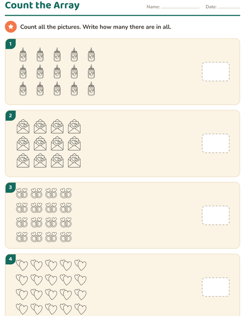 Preview of Arrays and Multiplication worksheet featuring Valentine BW for kindergarten