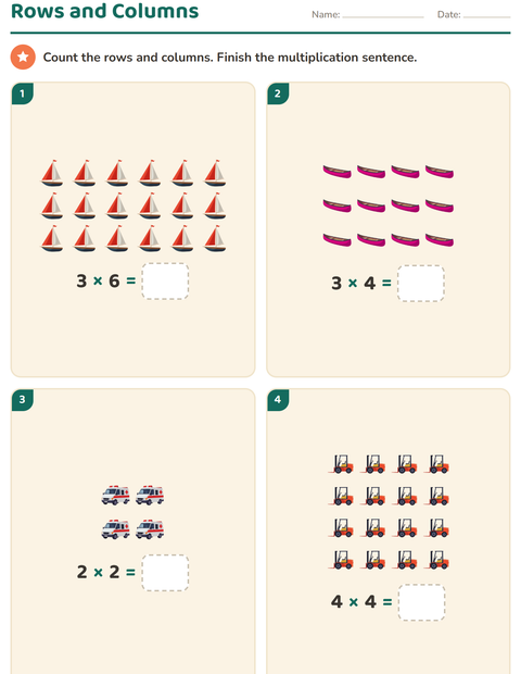 Preview of Arrays and Multiplication worksheet featuring Vehicles for grade 2