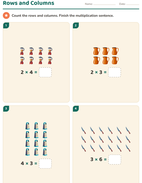 Preview of Arrays and Multiplication worksheet featuring Kitchen Tools for grade 2