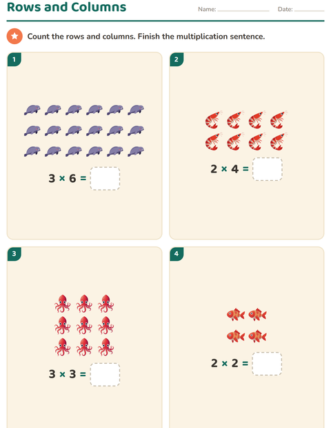 Preview of Arrays and Multiplication worksheet featuring Ocean Life for grade 2