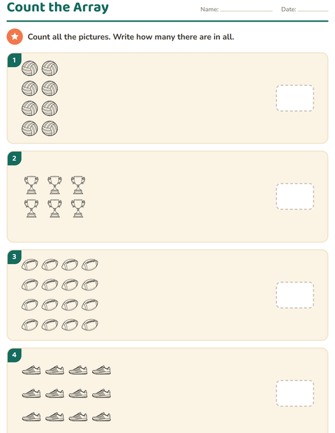 Preview of Arrays and Multiplication worksheet featuring Sports BW 2 for kindergarten