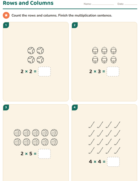 Preview of Arrays and Multiplication worksheet featuring Sports BW for grade 2