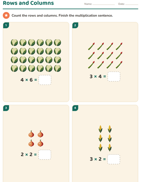 Preview of Arrays and Multiplication worksheet featuring Vegetables for grade 2