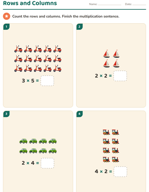 Preview of Arrays and Multiplication worksheet featuring Vehicles for grade 2