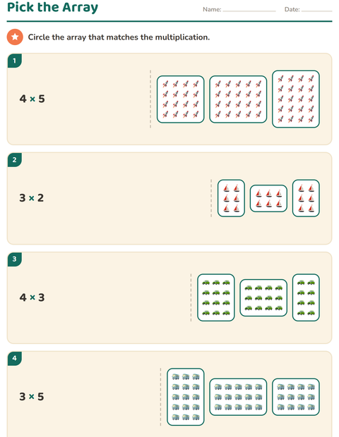 Preview of Arrays and Multiplication worksheet featuring Vehicles for grade 2