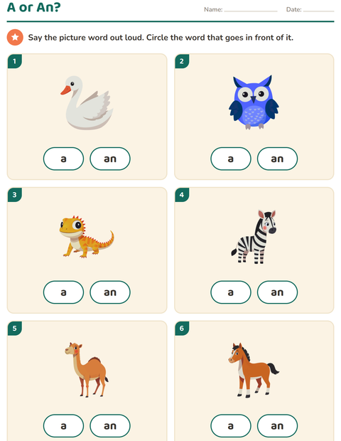 Preview of Articles worksheet featuring Animals for kindergarten