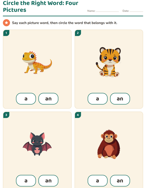 Circle the Right Word: Four Animal Cards, A or An