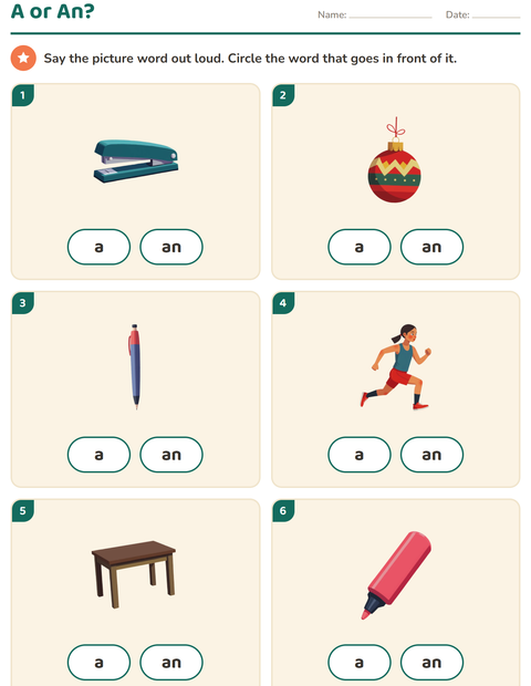 Preview of Articles worksheet featuring Classroom for kindergarten