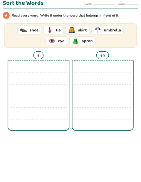 Preview of Articles worksheet featuring Clothing for grade 1