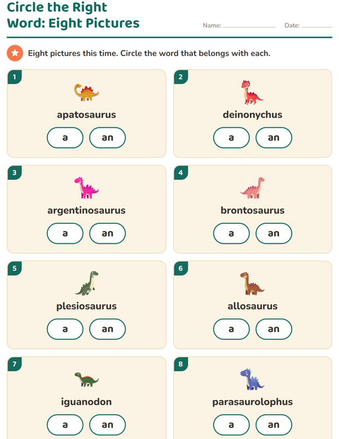 Preview of Articles worksheet featuring Dinosaurs for kindergarten