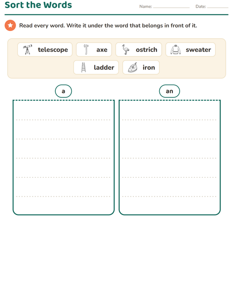 Preview of Articles worksheet featuring Objects BW for grade 1