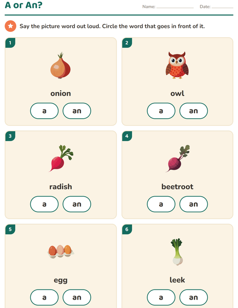 Preview of Articles worksheet featuring Vegetables for kindergarten