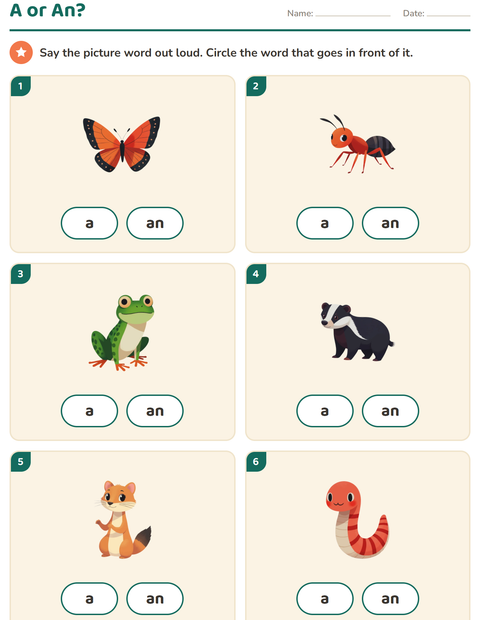 Preview of Articles worksheet featuring Forest Creatures for kindergarten