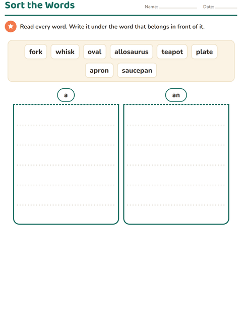 Preview of Articles worksheet featuring Kitchen Tools for grade 1