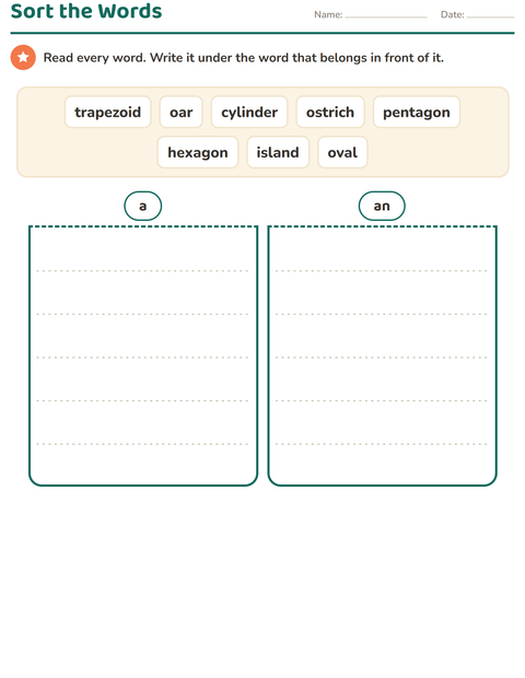 Preview of Articles worksheet featuring Shapes for grade 1