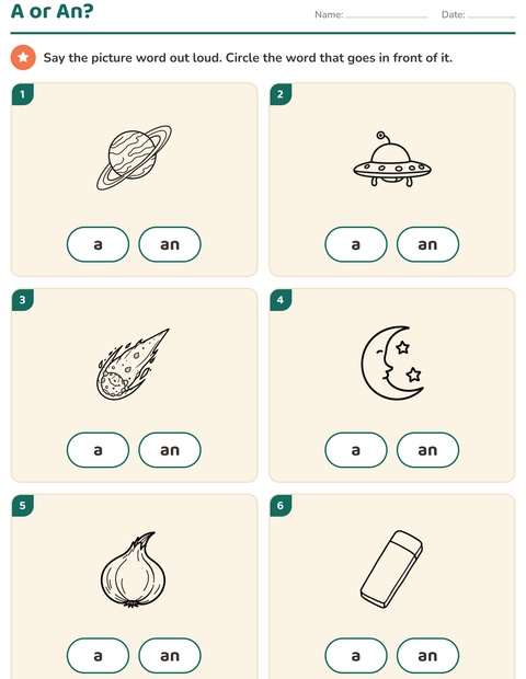 Preview of Articles worksheet featuring Space BW for kindergarten