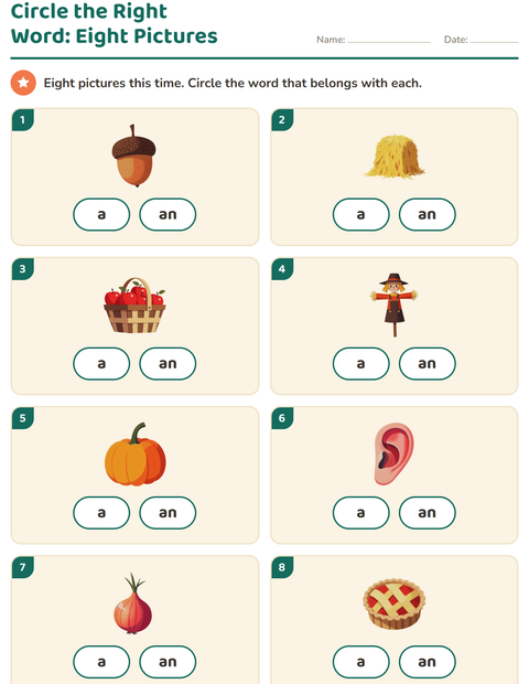 Preview of Articles worksheet featuring Thanksgiving for kindergarten