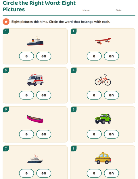 Circle the Right Word: Eight Vehicle Cards, A or An