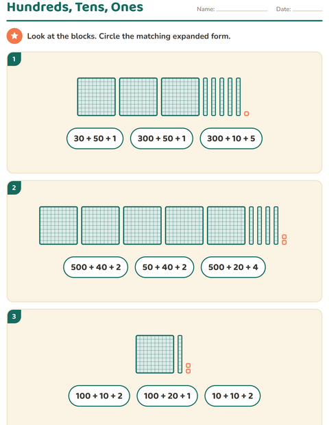 Preview of Base Ten Blocks worksheet for grade 2