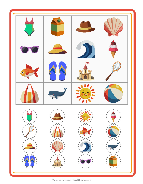 Preview of Bingo worksheet featuring Beach for kindergarten