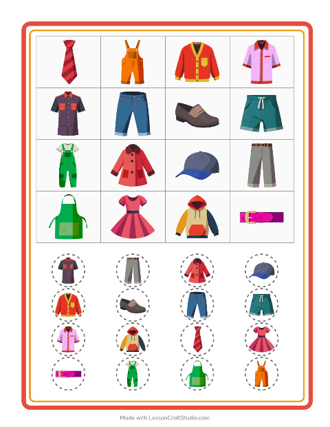 Preview of Bingo worksheet featuring Clothing for kindergarten