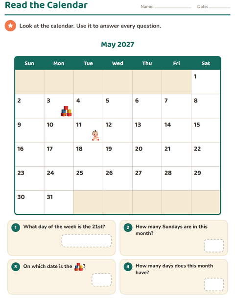 Preview of Calendar worksheet for grade 2