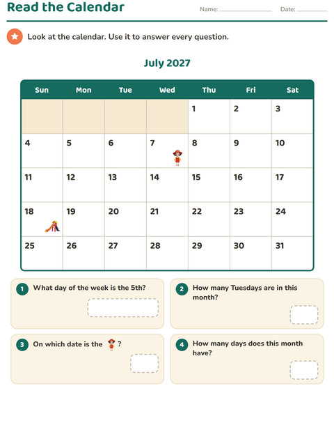 Preview of Calendar worksheet for grade 2