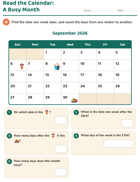 Preview of Calendar worksheet for grade 2