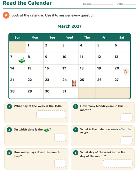 Reading a Calendar: Answer Six Questions About the Month