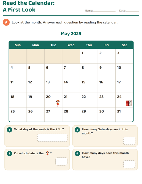 Preview of Calendar worksheet for grade 2