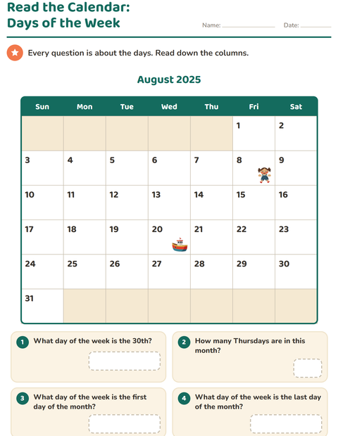 Preview of Calendar worksheet for grade 2