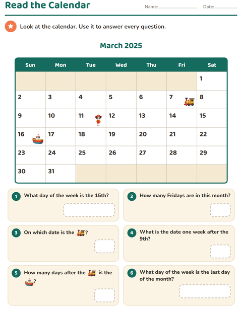 Preview of Calendar worksheet for grade 2