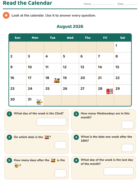 Preview of Calendar worksheet for grade 2