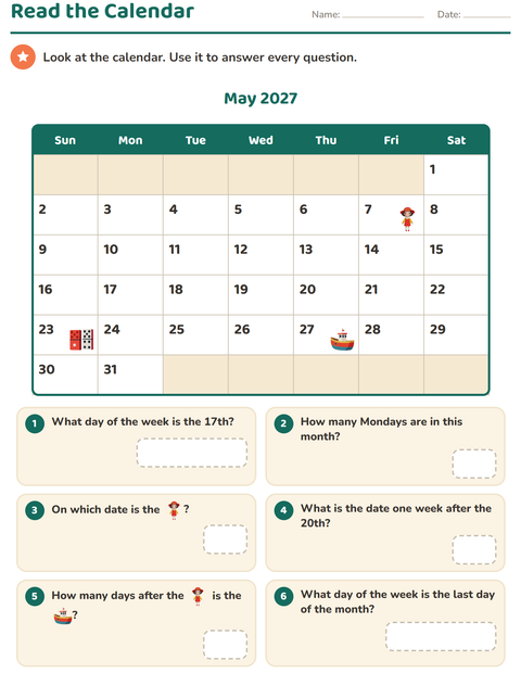 Preview of Calendar worksheet for grade 2