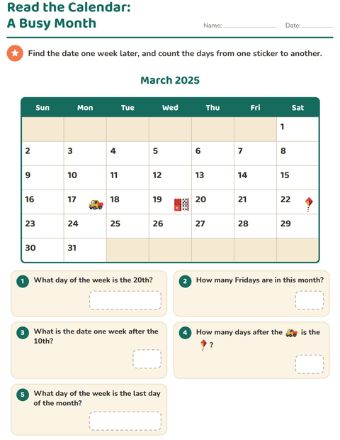 Preview of Calendar worksheet for grade 2