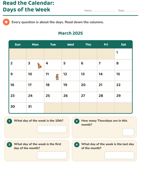 Preview of Calendar worksheet for grade 2