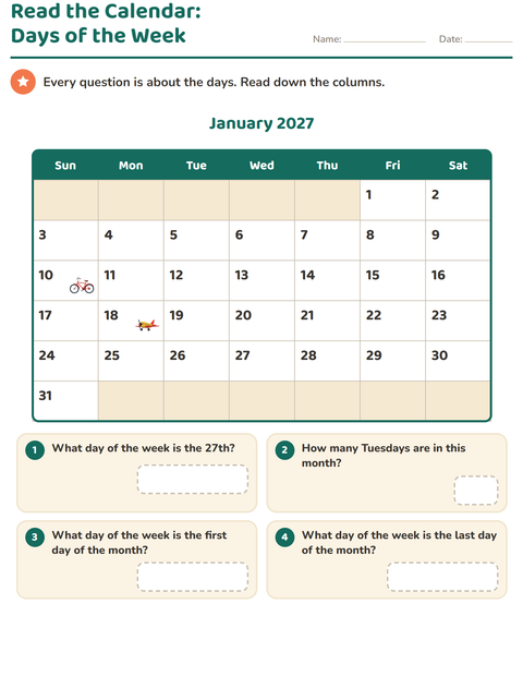 Preview of Calendar worksheet for grade 2
