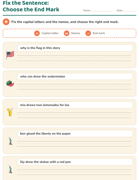 Preview of Capital Letters and Punctuation worksheet featuring 4th of July for grade 2